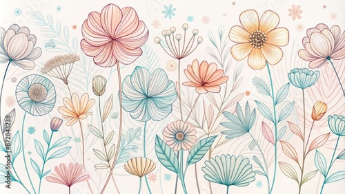 Wallpaper Mural Delicate abstract flowers bloom in gentle hues on a whimsical wildflower background, rendered in simplistic continuous line art style. Torontodigital.ca