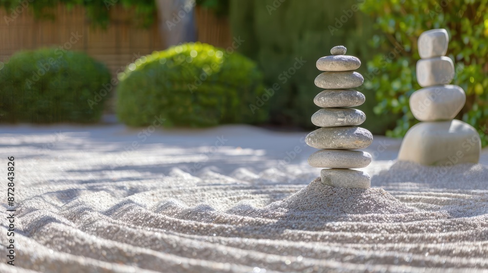 Fototapeta premium A tranquil Zen garden with carefully raked gravel and stone lanterns