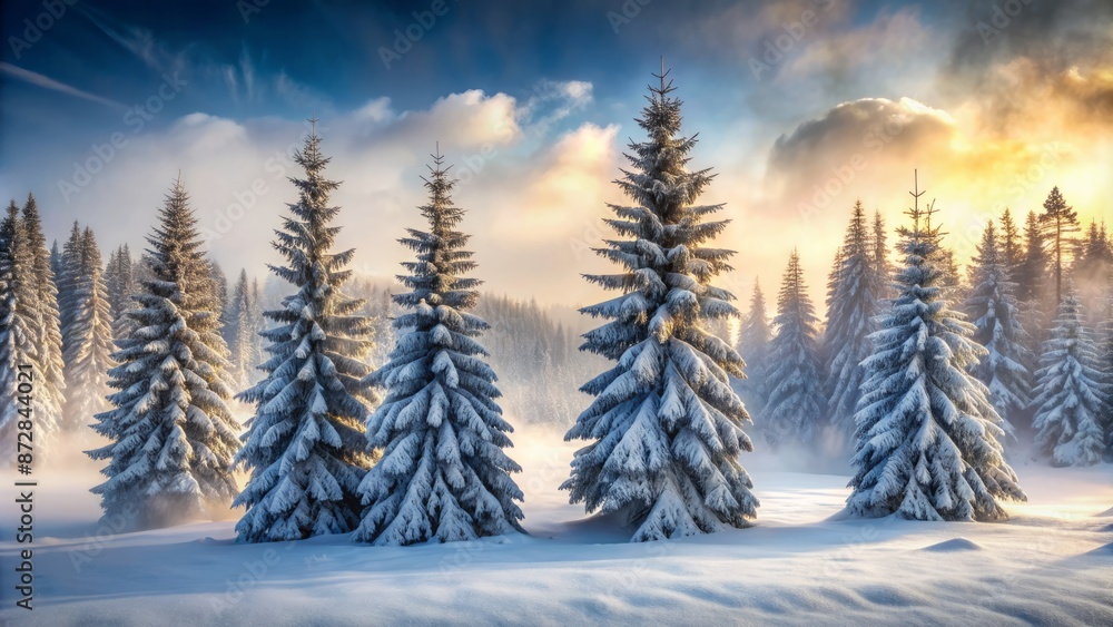 Snow-covered evergreen trees stand tall amidst frozen misty fog in a serene and isolated winter wonderland forest landscape.