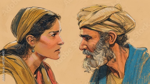 Ruth,Ruth and Boaz at the Threshing Floor,Ruth and Boaz at the Threshing Floor, Biblical Illustration, Boaz’s Promise and Ruth's Trust, Beige Background with Copyspace photo