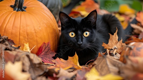 Black Cat Among Autumn Pump...