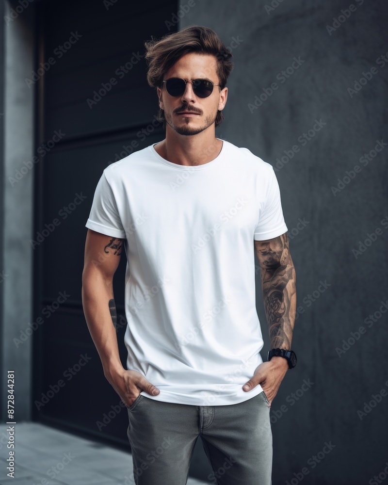 A stylishly dressed man poses confidently with hands in pockets A stylishly dressed man poses confidently with hands in pockets
