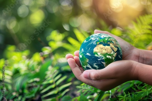 A pair of hands hold a small globe against a blurred background of green foliage. The photo symbolizes care for the environment