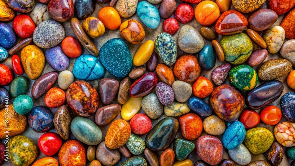 Vibrant colorful pebbles arranged in a mesmerizing mosaic pattern create a visually striking texture background with natural earthy tones. Vibrant colorful pebbles arranged in a mesmerizing mosaic pattern create a visually striking texture background with natural earthy tones.