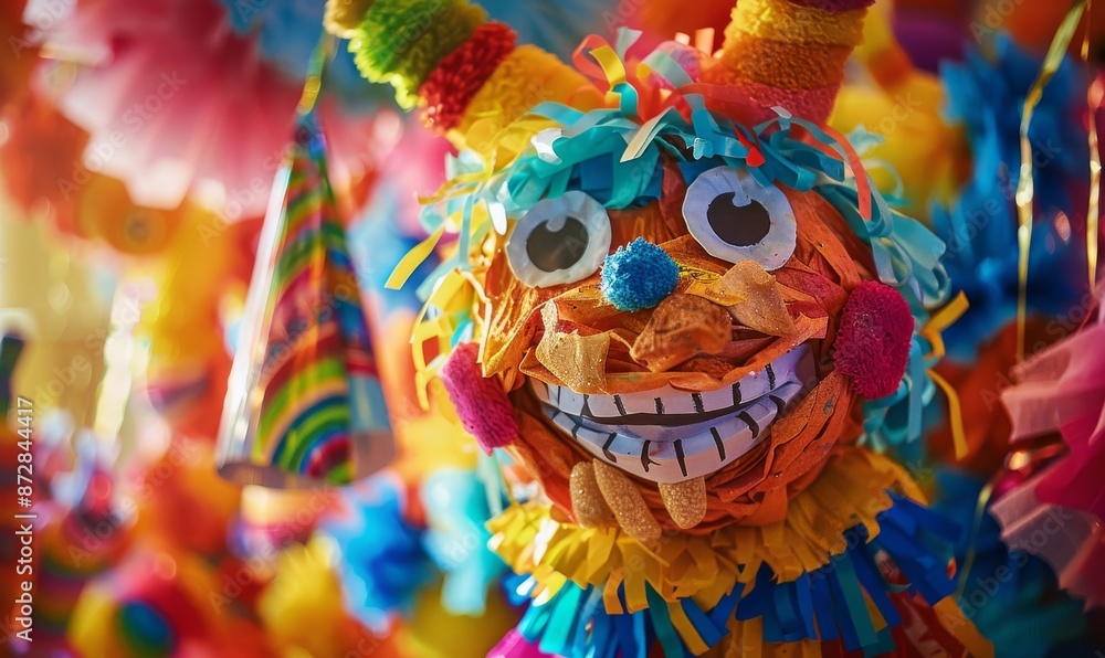 close-up of colorful piñata with smiling face made of paper and ribbons, festive party decoration for kids' birthday celebration with blurred background close-up of colorful piñata with smiling face made of paper and ribbons, festive party decoration for kids' birthday celebration with blurred background