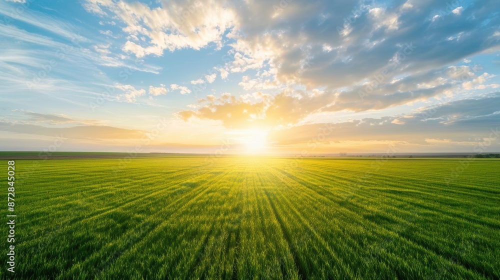 Sunset over a vast green field, golden hour light, scattered clouds, wideangle shot, serene landscape Sunset over a vast green field, golden hour light, scattered clouds, wideangle shot, serene landscape