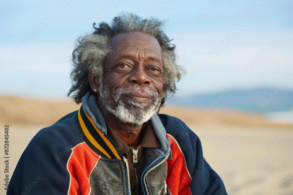Portrait of a glad afro-american man in his 60s sporting a stylish varsity jacket over sandy beach background Portrait of a glad afro-american man in his 60s sporting a stylish varsity jacket over sandy beach background