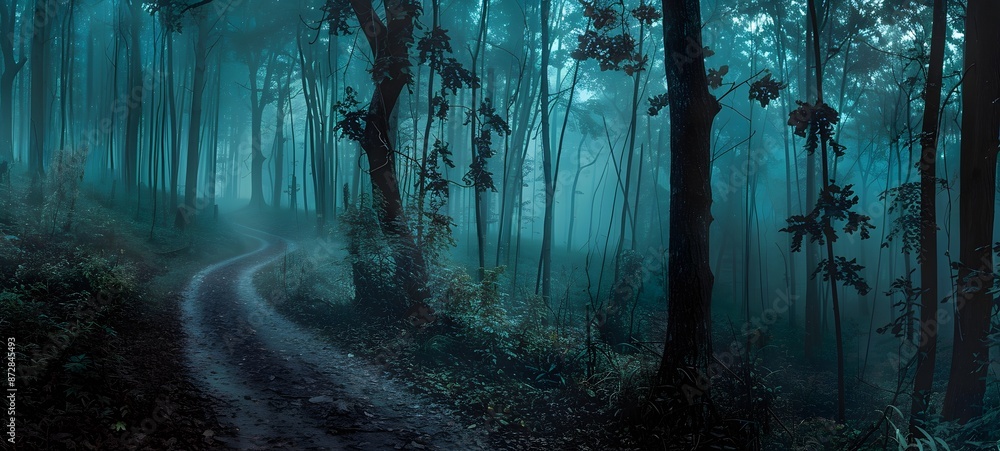 Fototapeta premium Mysterious Foggy Forest Path at Night
