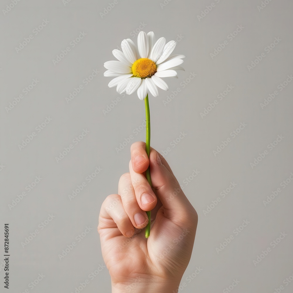 A hand holding a single daisy, high-key, minimalistic background A hand holding a single daisy, high-key, minimalistic background
