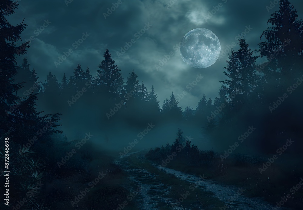 Mysterious Foggy Forest Path Under Full Moon Mysterious Foggy Forest Path Under Full Moon