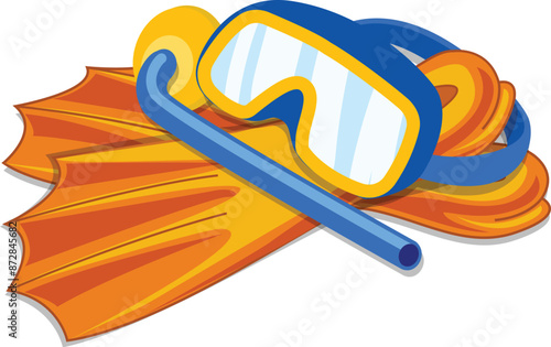 Diving equipment set with yellow flippers, blue snorkel and mask is lying ready for summer vacation adventures