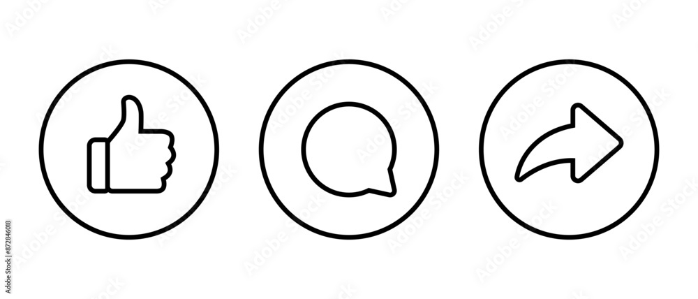 Like, comment, and share icon on circle line. Social media reaction concept Like, comment, and share icon on circle line. Social media reaction concept