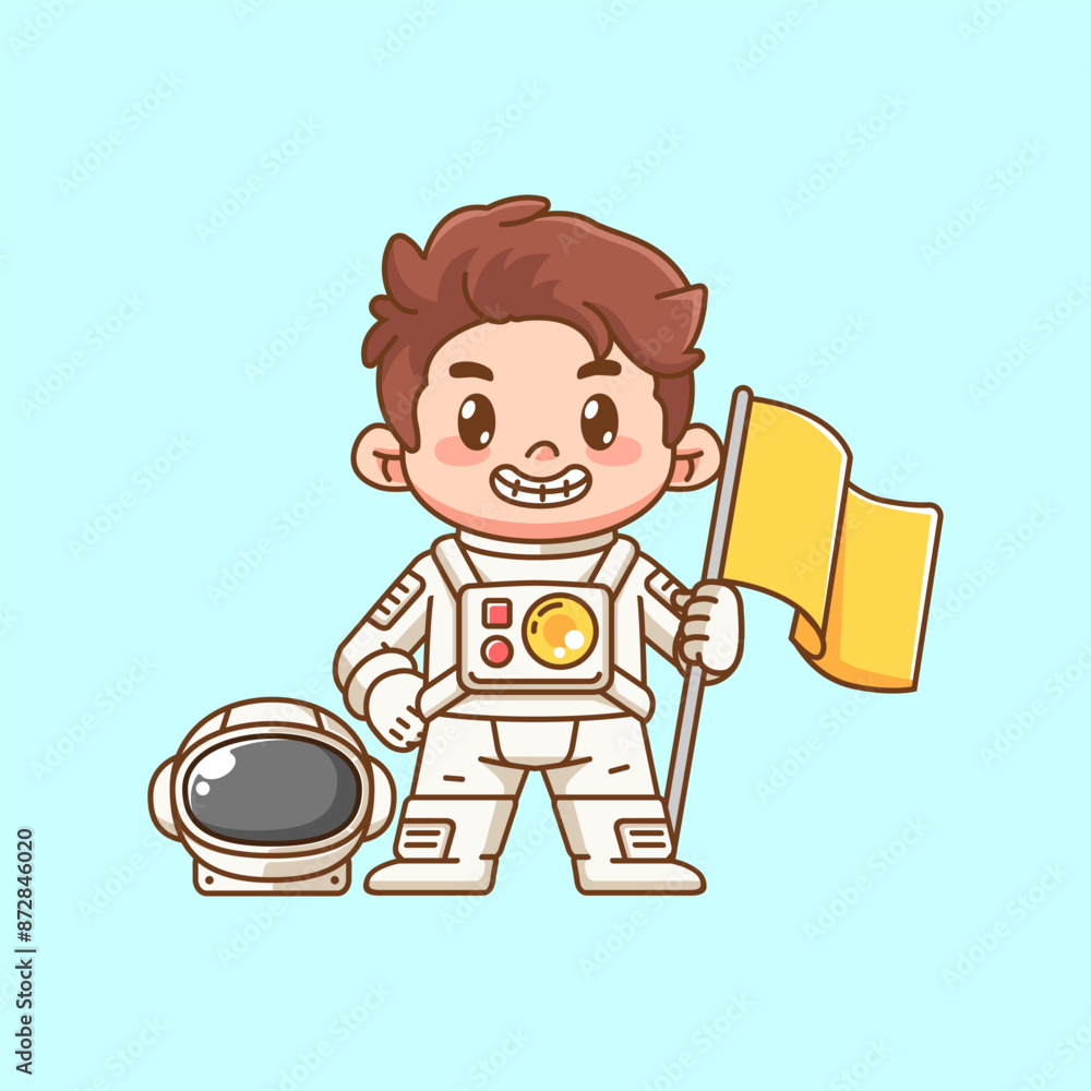 Cute boy astronaut holding flag kawaii chibi character mascot illustration outline style Cute boy astronaut holding flag kawaii chibi character mascot illustration outline style