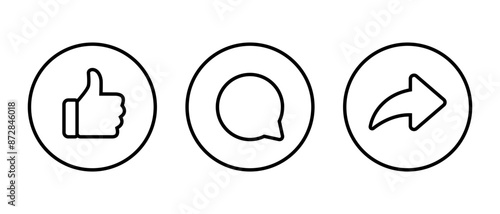 Like, comment, and share icon on circle line. Social media reaction concept