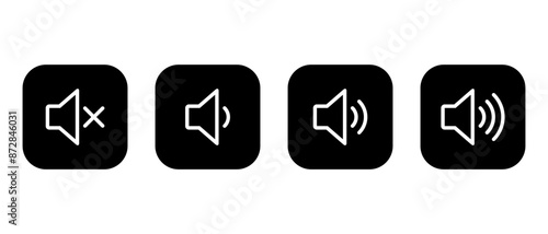 Speaker volume icon set on black square. Level sound button