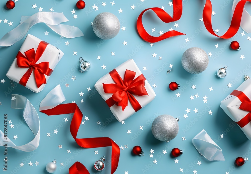 Christmas Gift Boxes, Red Ribbon & Silver Balls on Blue Background Christmas Gift Boxes, Red Ribbon & Silver Balls on Blue Background