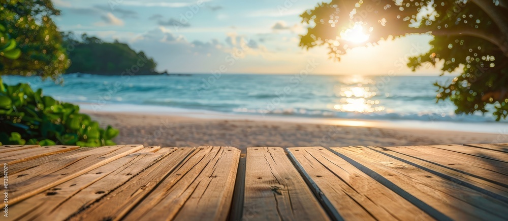 Serene Wooden Deck with Blurred Beach and Ocean View, Tranquil Seaside Backdrop Serene Wooden Deck with Blurred Beach and Ocean View, Tranquil Seaside Backdrop
