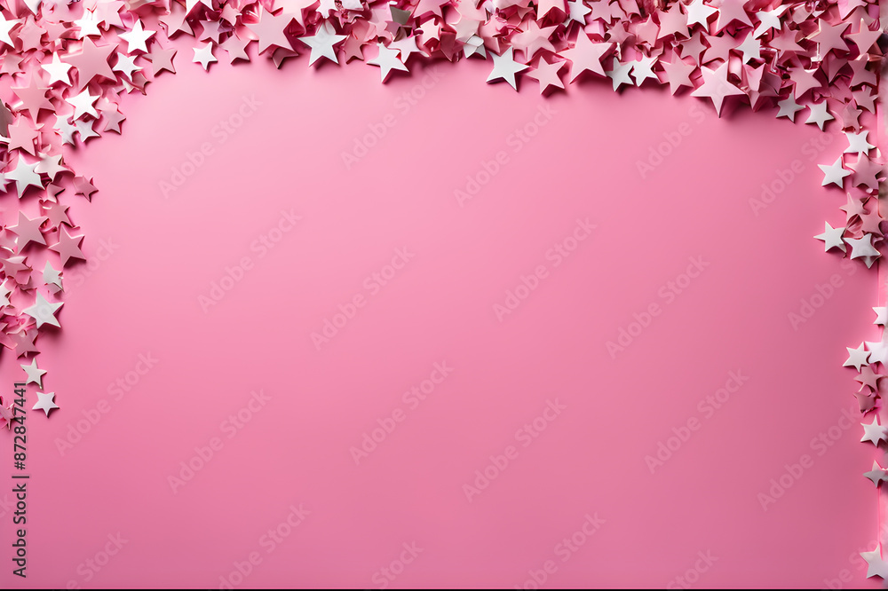Obraz premium Star confetti on pink background. Festive decoration. Copy space.