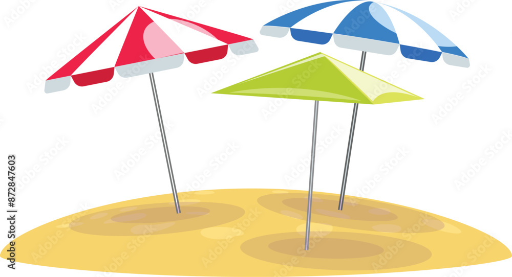Obraz premium Three colorful beach umbrellas standing on a sunny beach
