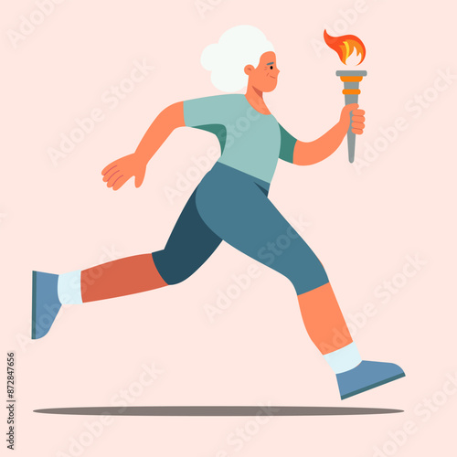 Athletic elderly woman running with a flaming torch. Female torchbearer at an international sports event. Vector illustration