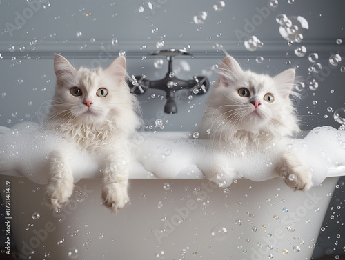 Two fluffy kittens taking bath in a large white Cambridge cast iron double-ended clawfoot tub, overflowing bubbles, bubbles in the air. photo