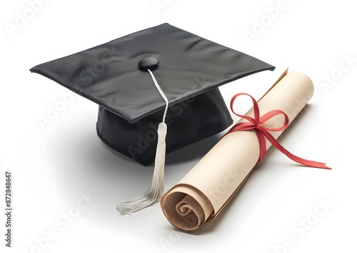 Graduation Cap and Diploma on White Background