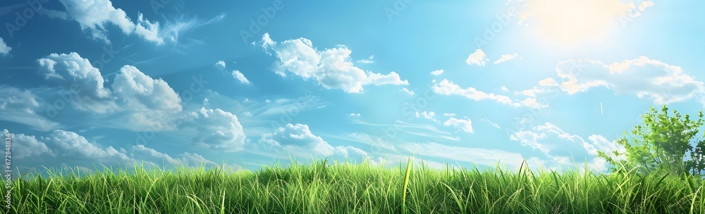 Green Grass Meadow with Blue Sky Panorama Green Grass Meadow with Blue Sky Panorama
