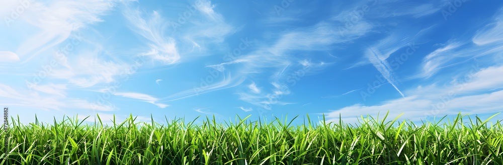 Obraz premium Panoramic View of Green Grass and Blue Sky
