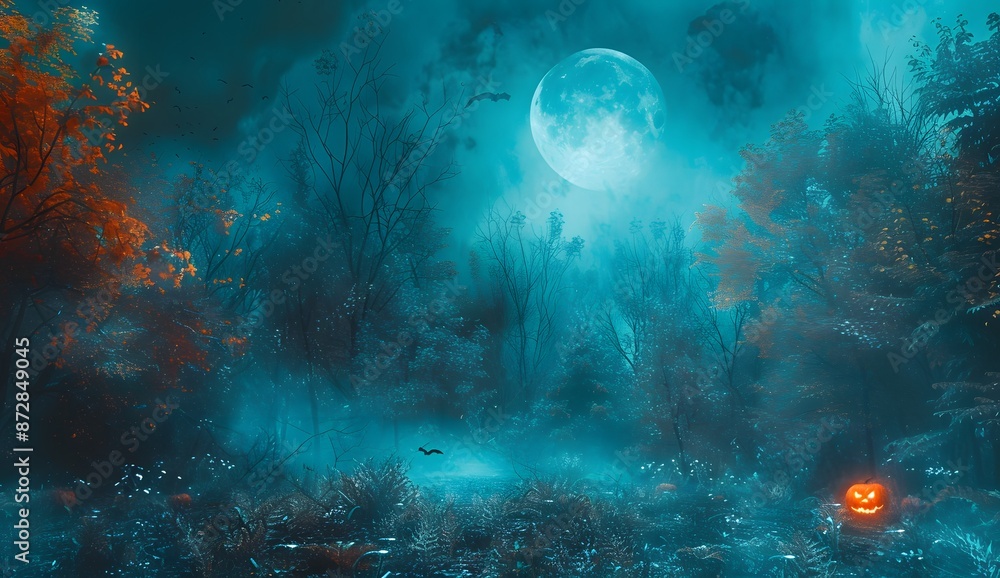 Fototapeta premium Spooky Halloween Forest with Full Moon