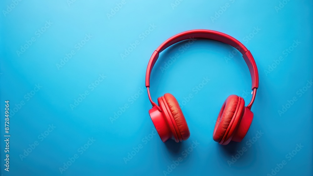 Red headphones representing passion for music on a blue background , red headphones, blue background, passion, music Red headphones representing passion for music on a blue background , red headphones, blue background, passion, music