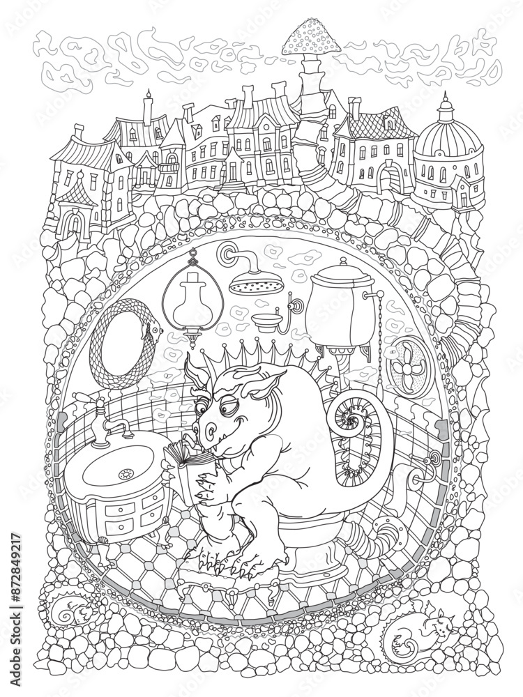 Fototapeta premium Fairy tale medieval town street and underground Dragon apartment cave with bathroom. Vector thin line illustration for coloring book