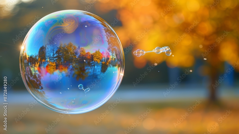 A close-up of a bubble wand blowing a large, iridescent bubble that reflects the surrounding environment as it rises into the sky. A close-up of a bubble wand blowing a large, iridescent bubble that reflects the surrounding environment as it rises into the sky.