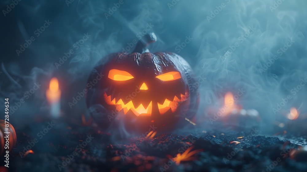 Naklejka premium Spooky Halloween Pumpkin In Foggy Night