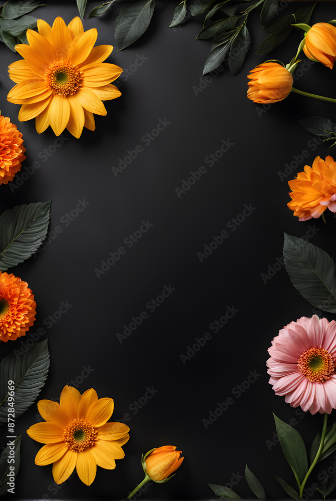 Obraz premium Flowers composition. Frame made of beautiful flowers on black background. Flat lay, top view, copy space