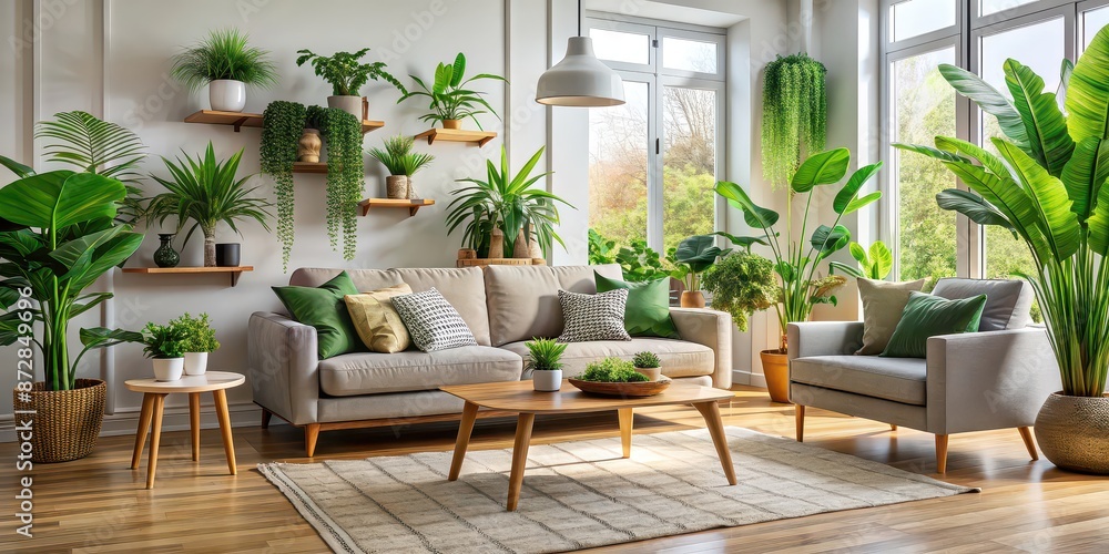 Fototapeta premium Interior of living room with lush green houseplants and cozy sofas, green, houseplants, sofas, interior