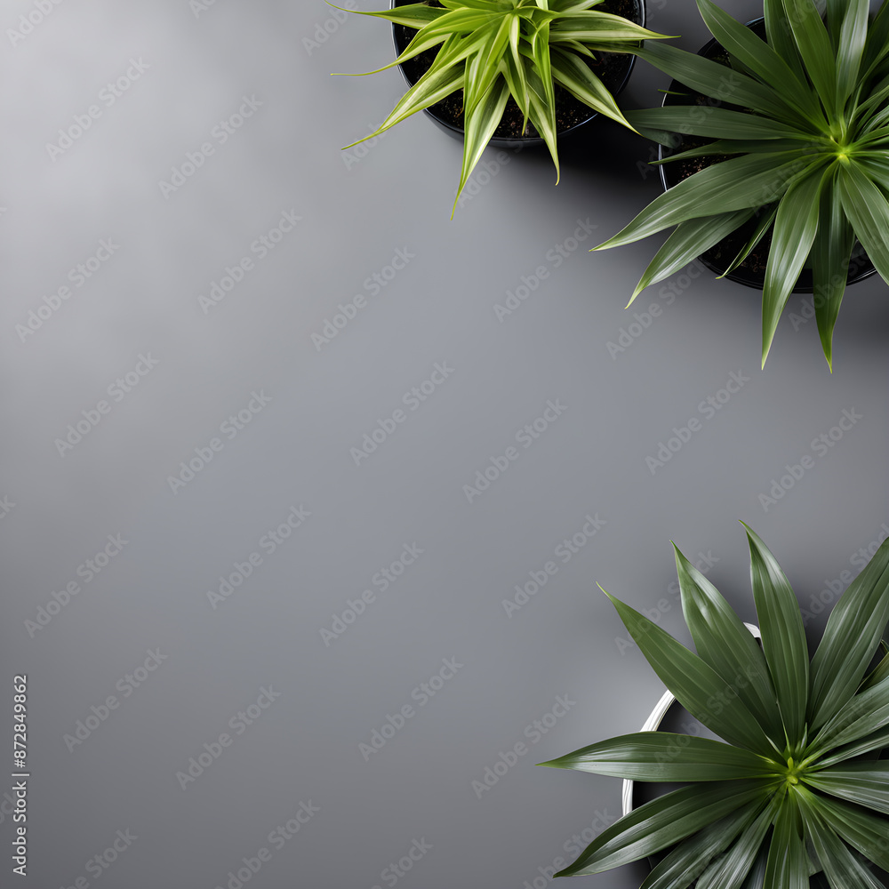 Top view of potted plants on grey background with copy space. Top view of potted plants on grey background with copy space.