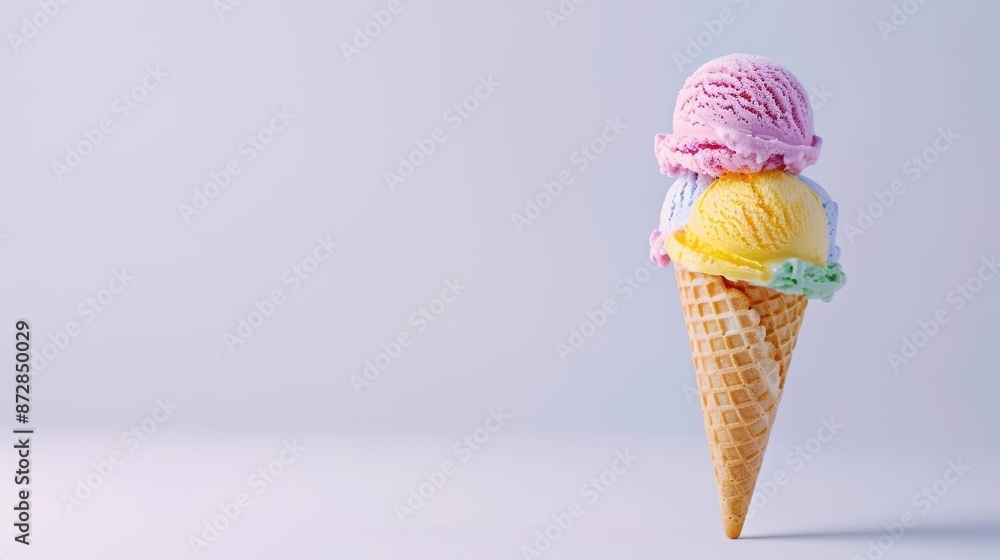 Miniature ice cream cone with scoops of colorful ice cream, set on a white background, copy space Perfect for whimsical food photography Miniature ice cream cone with scoops of colorful ice cream, set on a white background, copy space Perfect for whimsical food photography