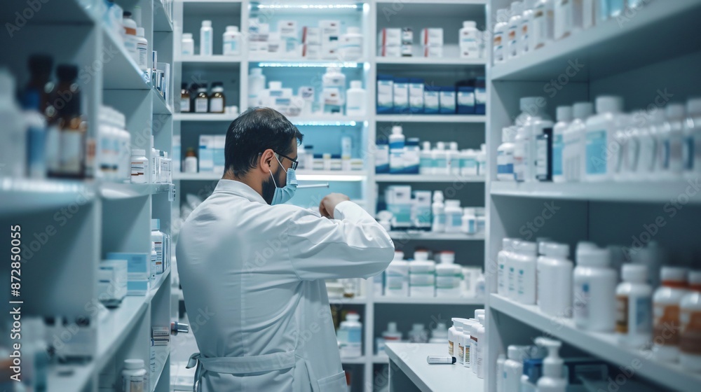 Close up shot of the pharmacist measuring and preparing medication in a modern pharmacy setting, with shelves of medicines in the background Close up shot of the pharmacist measuring and preparing medication in a modern pharmacy setting, with shelves of medicines in the background