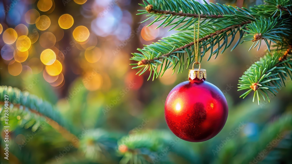 Christmas ball ornament hanging on a tree branch , Christmas, ball, ornament, decoration, tree, branch, festive, holiday, red Christmas ball ornament hanging on a tree branch , Christmas, ball, ornament, decoration, tree, branch, festive, holiday, red