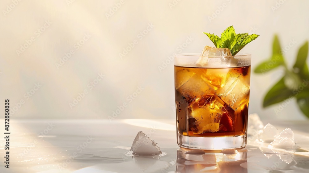 A minimalist glass of iced tea with a few ice cubes and a mint leaf, placed on a smooth, light background A minimalist glass of iced tea with a few ice cubes and a mint leaf, placed on a smooth, light background