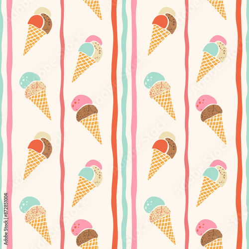 Vector ice-cream waffle cones seamless pattern. Cute hand drawn colorful flavored gelato and wavy vertical stripes repeat design in muted retro colors on cream off white background. Summer dessert