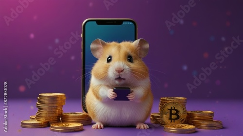 A cartoon hamster on a purple platform with bitcoin coins on a purple background. Hamster kombat game about cryptocurrency mining, the concept of mini-games for making money on cryptocurrency
 photo