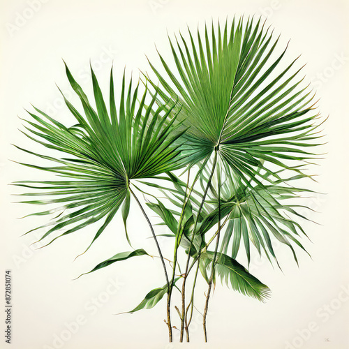 Tropical palm leaves on white background.