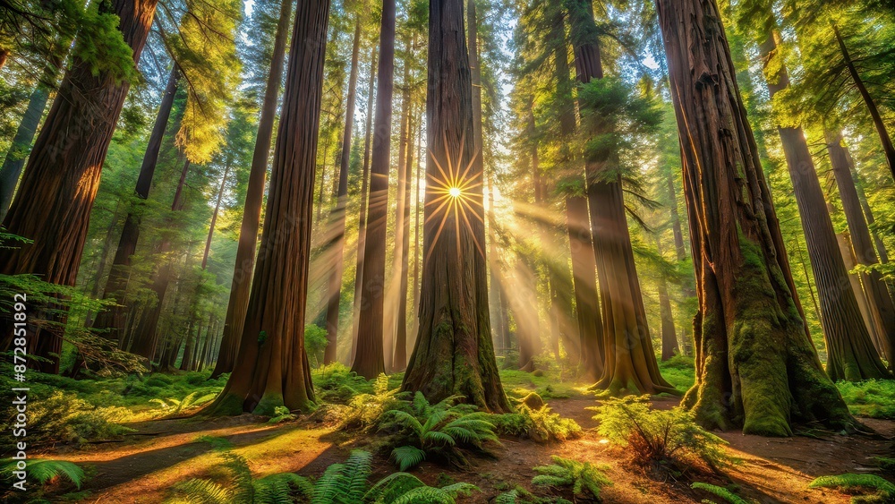 Fototapeta premium Sunlight filtering through ancient redwood trees in a lush green forest floor, redwoods, sunlight, trees, towering, canopy, ancient