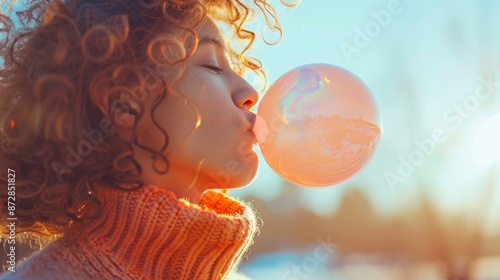 A person blowing a large bubble gum bubble, with the bubble stretching and distorting as it grows, reflecting the person's face in a fun and whimsical manner. photo