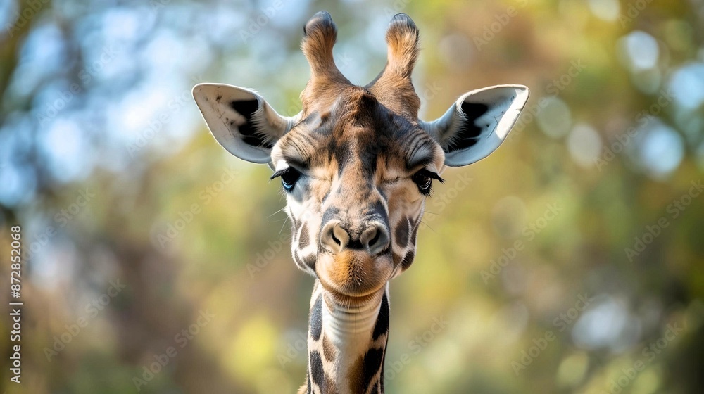 Fototapeta premium A giraffe making a humorous face with a quirky expression, captured in a natural outdoor setting. 