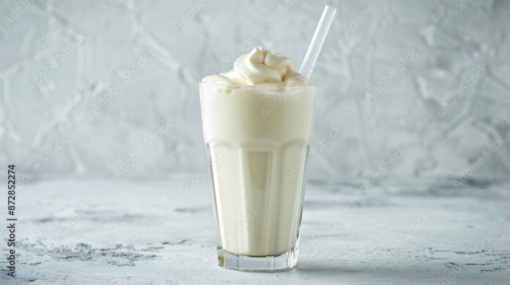 A plain glass of vanilla milkshake with a single straw, placed on a clean, light background A plain glass of vanilla milkshake with a single straw, placed on a clean, light background