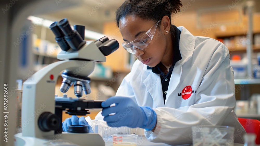 A researcher wearing a lab coat and gloves, handling a petri dish under a microscope, surrounded by laboratory equipment and chemical reagents A researcher wearing a lab coat and gloves, handling a petri dish under a microscope, surrounded by laboratory equipment and chemical reagents