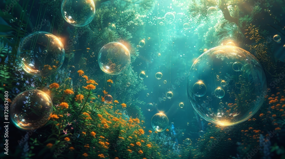 A surreal underwater scene with giant bubbles filled with glowing, otherworldly creatures and plants, creating an ethereal and dreamy atmosphere. A surreal underwater scene with giant bubbles filled with glowing, otherworldly creatures and plants, creating an ethereal and dreamy atmosphere.