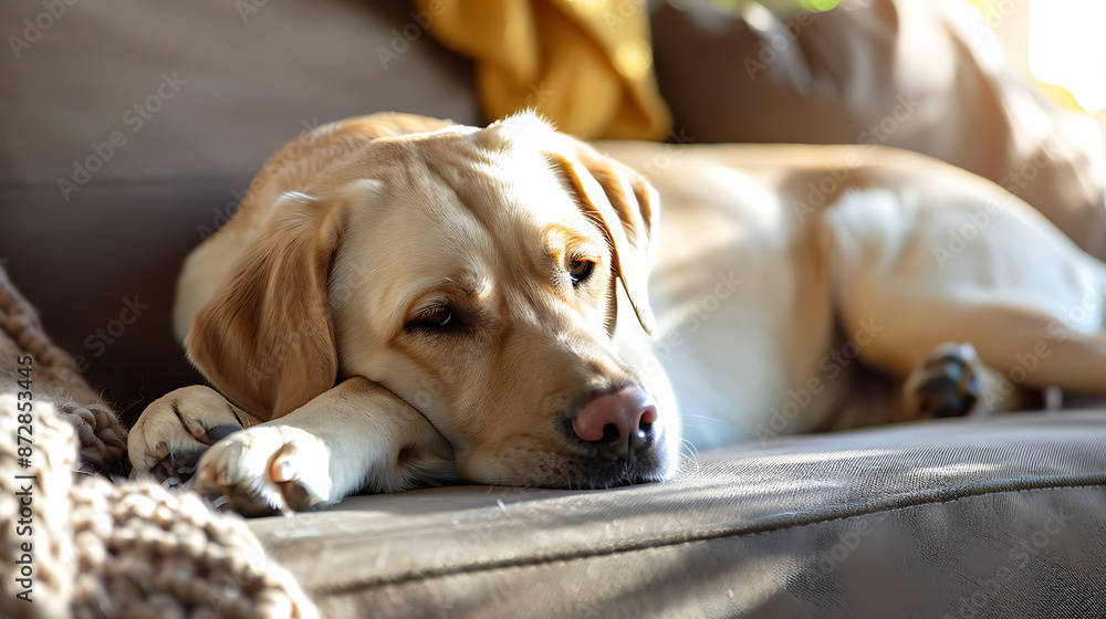 Obraz premium A lazy cute sleepy Labrador Retriever dog puppy lying looking on soft comfy sofa with rug and sunlight shining.